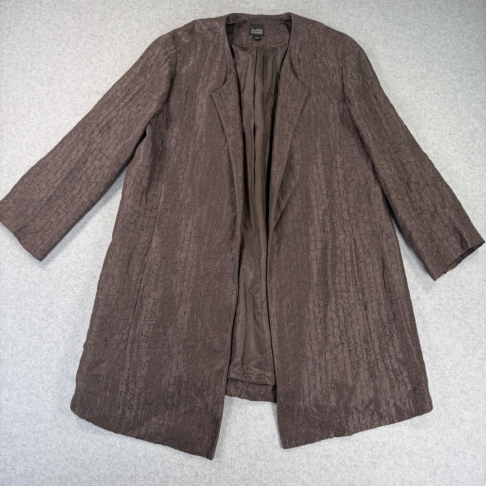 Eileen Fisher Silk Linen Coat Womens Small Brown Textured Collarless Lined Open